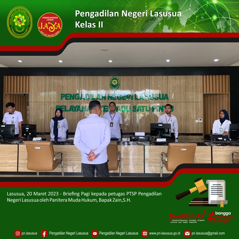 Briefing Pagi kepada petugas PTSP Pengadilan Negeri Lasusua oleh Panitera Muda Hukum